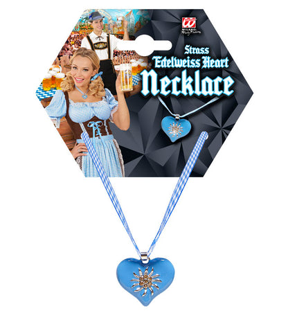 Azure-White Checkered Ribbon Necklace With Strass Edelweiss Heart