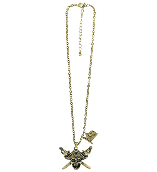 Pirate Captain Skull & Cross Swords Necklace With Pirate Flag