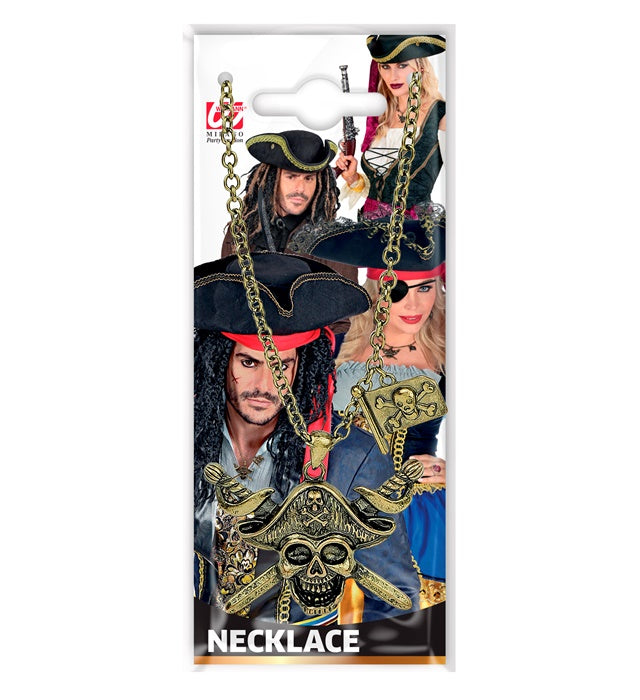 Pirate Captain Skull & Cross Swords Necklace With Pirate Flag