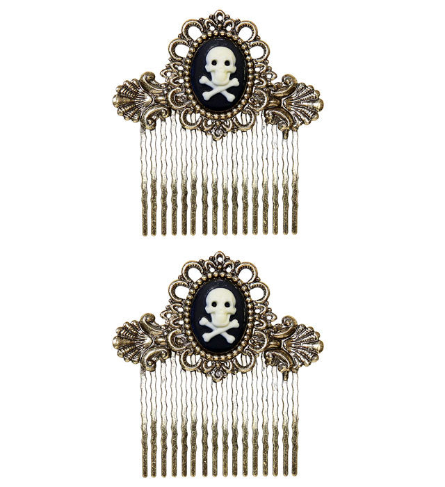 Pair Of Antiquated Gold Skull & Cross Bones Hair Combs