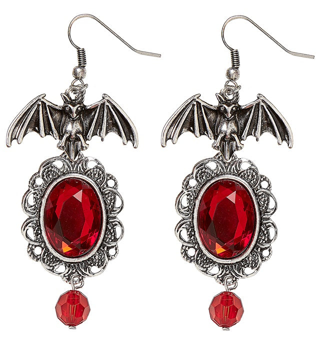 Pair Of Bat Earrings With Red Gems