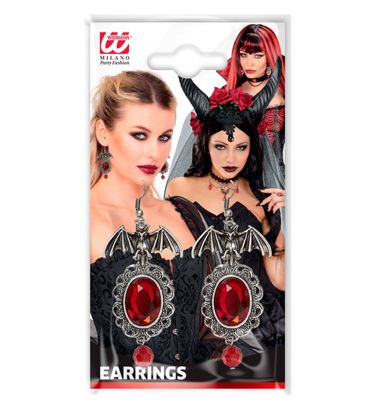 Pair Of Bat Earrings With Red Gems