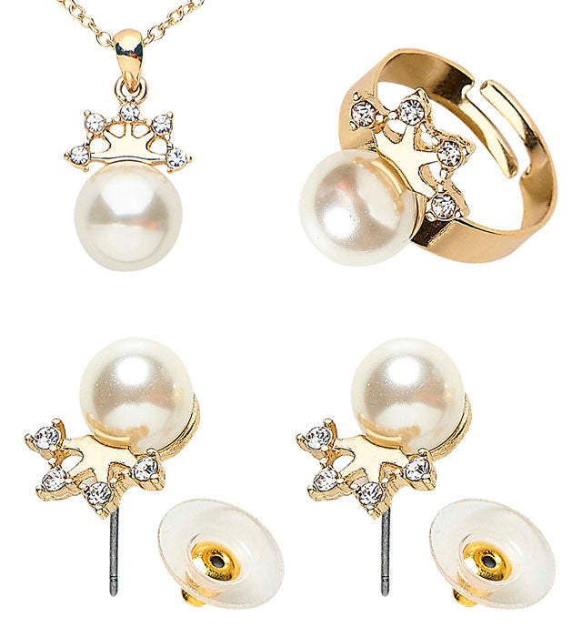 Gold Strass Crown Pearl Necklace, Earrings &amp; Ring