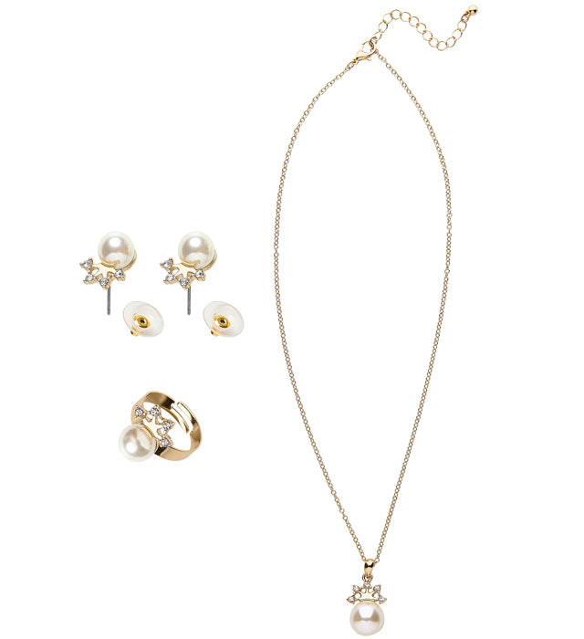 Gold Strass Crown Pearl Necklace, Earrings & Ring