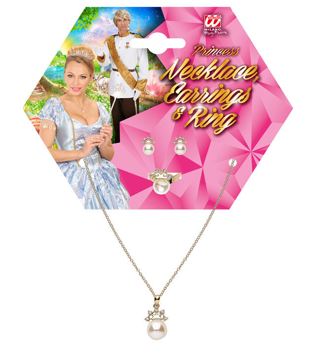 Gold Strass Crown Pearl Necklace, Earrings &amp; Ring
