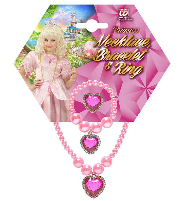 Pink Beaded Strass Gem Heart Necklace, Bracelet & Ring