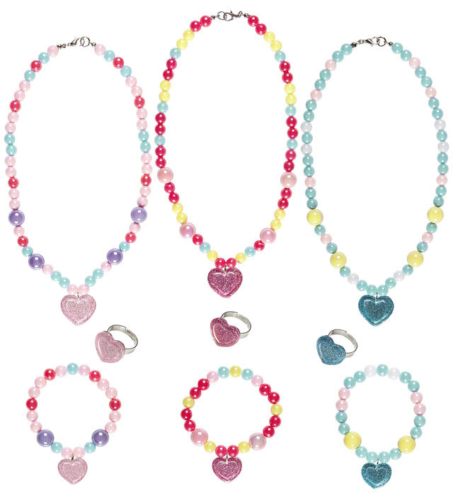 Heart Beaded Necklace, Bracelet & Ring 3 Colors Ass.