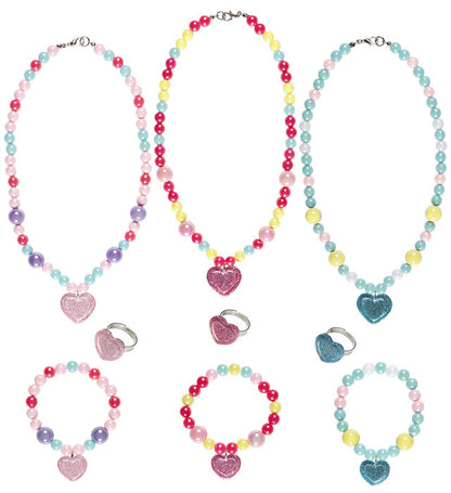Heart Beaded Necklace, Bracelet & Ring 3 Colors Ass.