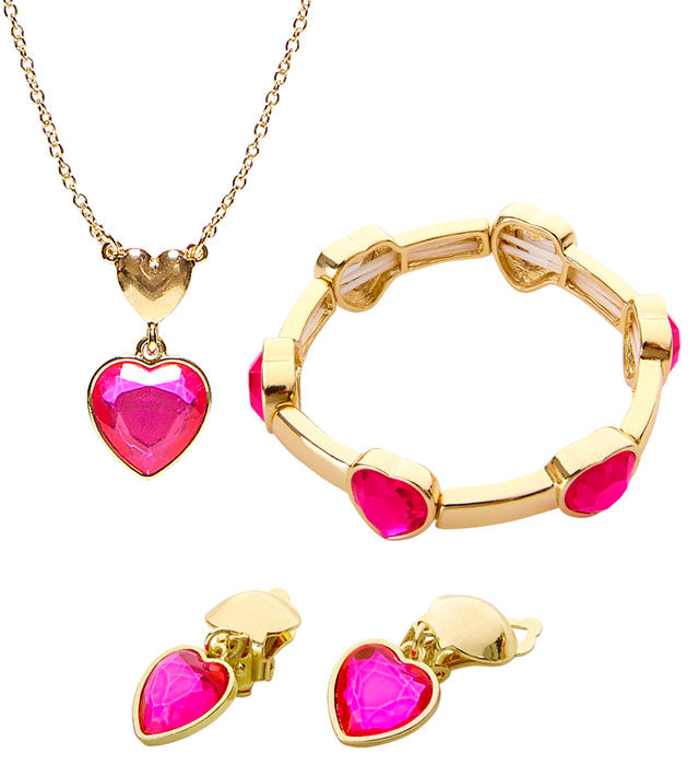Gold Pink Gem Heart Necklace, Earrings &amp; Bracelet