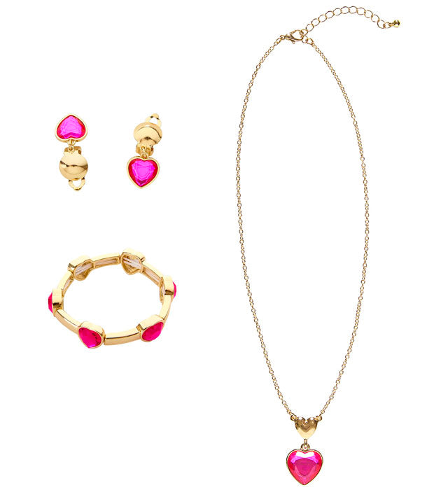 Gold Pink Gem Heart Necklace, Earrings & Bracelet