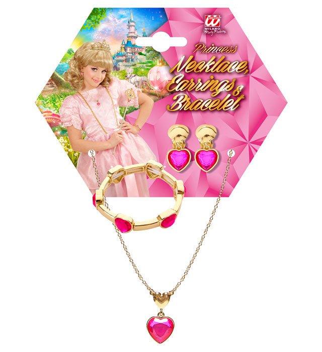 Gold Pink Gem Heart Necklace, Earrings &amp; Bracelet