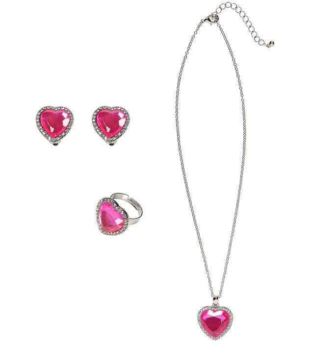 Strass Pink Gem Heart Necklace, Earrings & Ring