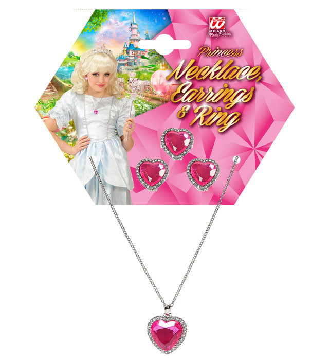 Strass Pink Gem Heart Necklace, Earrings & Ring
