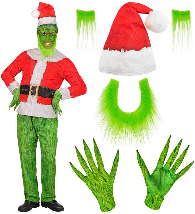 Christmas Monster Fast Costume  Jacket, Pants, Hat, Gloves, Beard, Eyebrows 