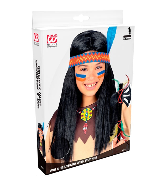 Indian Wig With Headband & Feather In Box