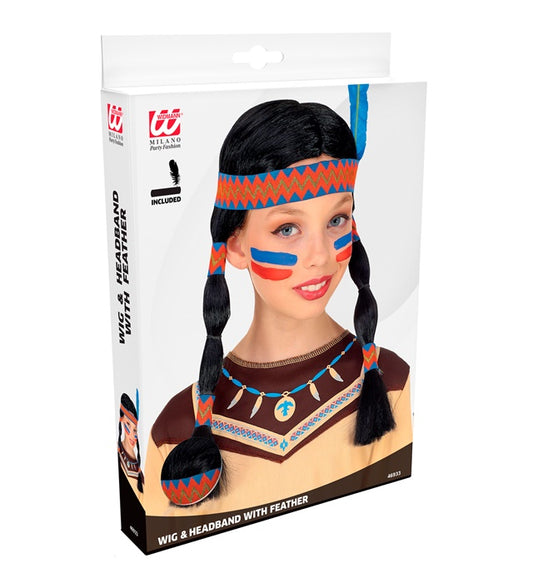 Indian Wig With Headband & Feather In Box