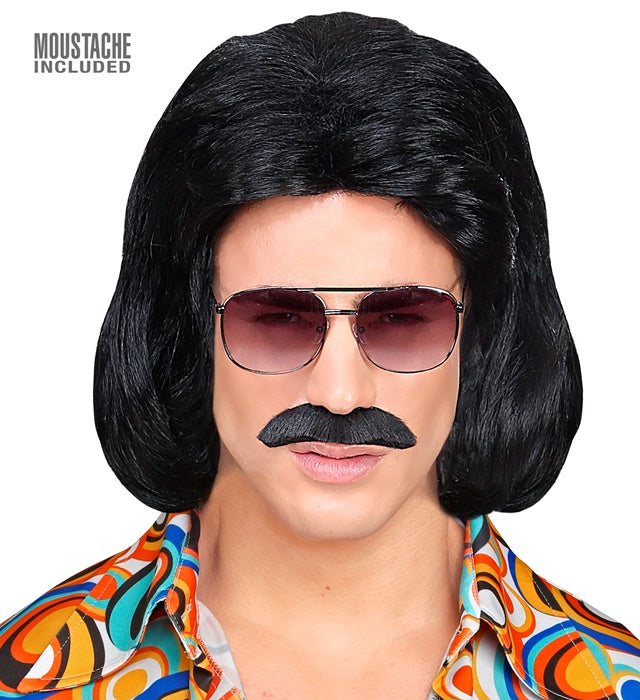 Black 70S Dandy Wig & Moustache In Box