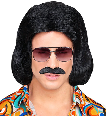 Black 70S Dandy Wig & Moustache In Box