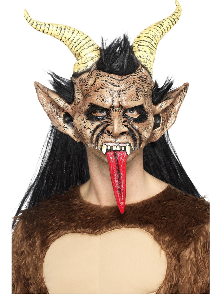 Beast Krampus Demon Mask Brown Latex Overhead with Hair and Horns 1