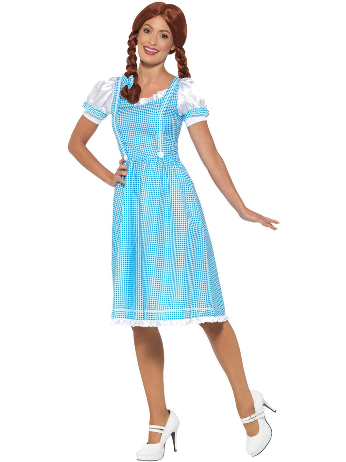 Kansas Country Girl Costume Adult Blue White Checked Dress and Hair Bows 2