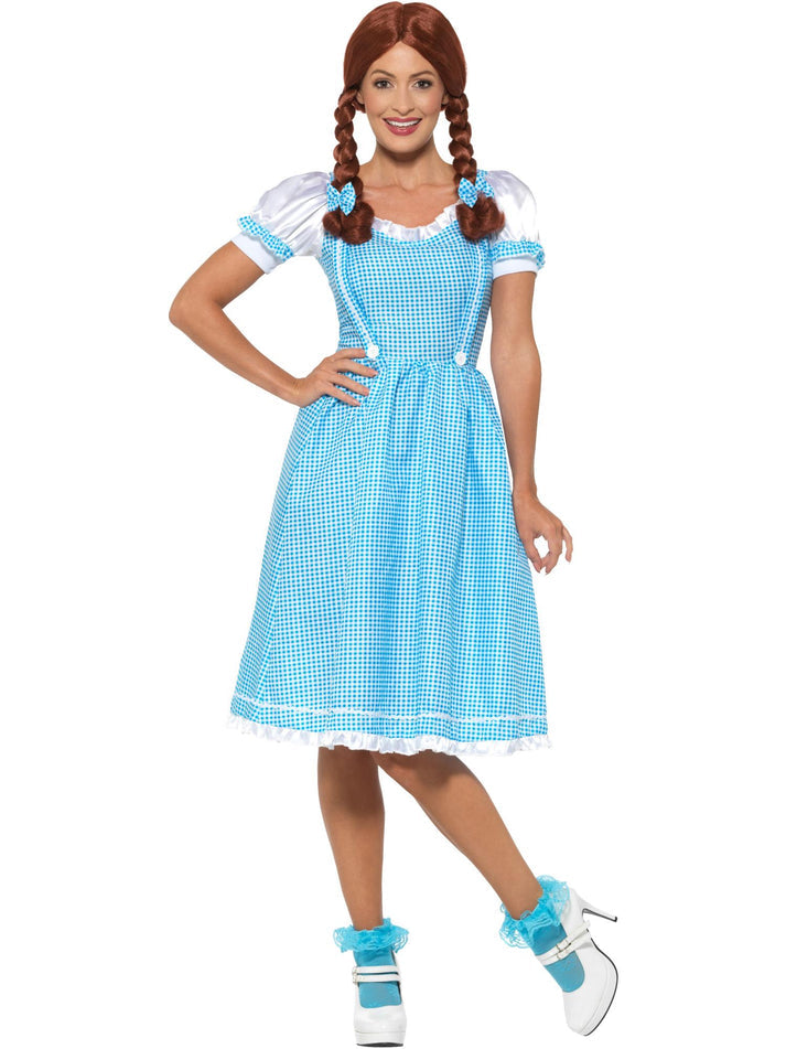 Kansas Country Girl Costume Adult Blue White Checked Dress And Hair Bows