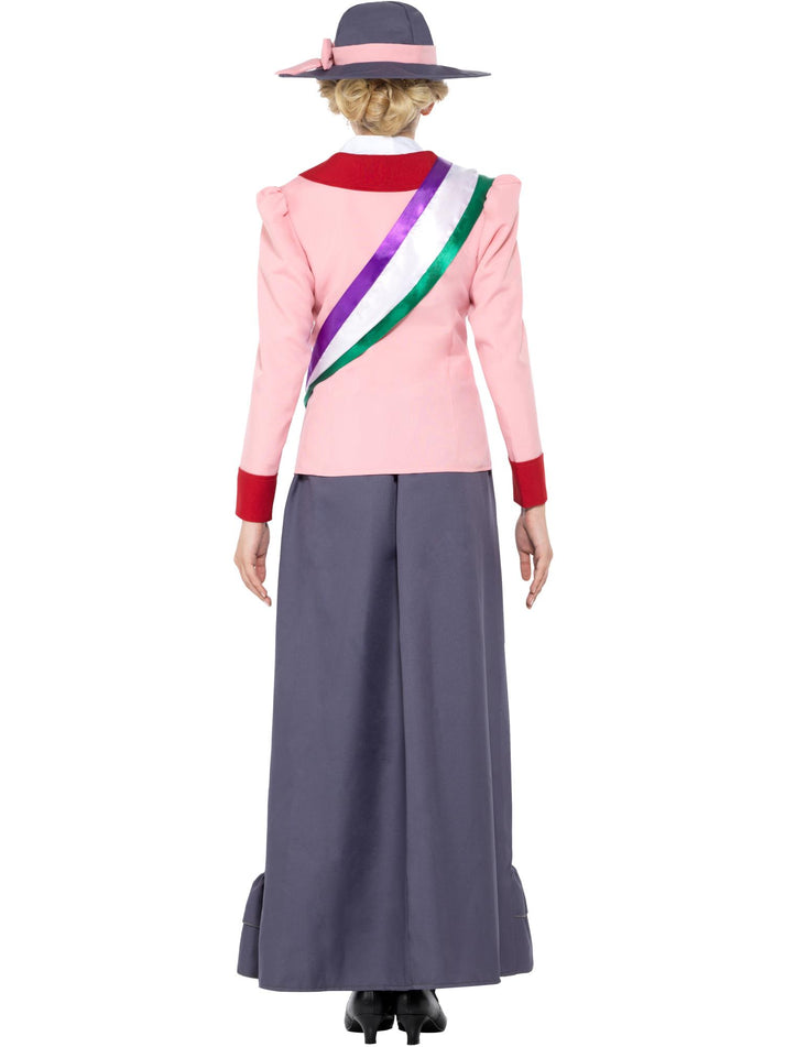 Deluxe Victorian Suffragette Costume Adult Grey Dress with Pink Jacket Sash and Hat
