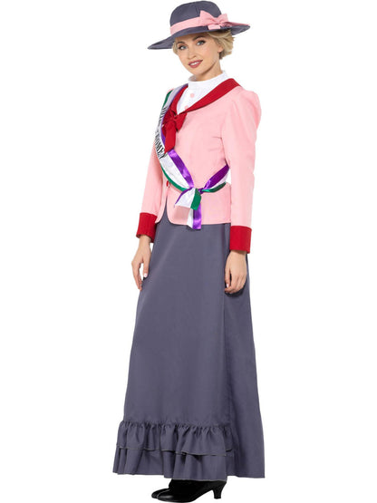 Victorian Suffragette Costume Grey Dress with Pink Jacket Sash and Hat 2