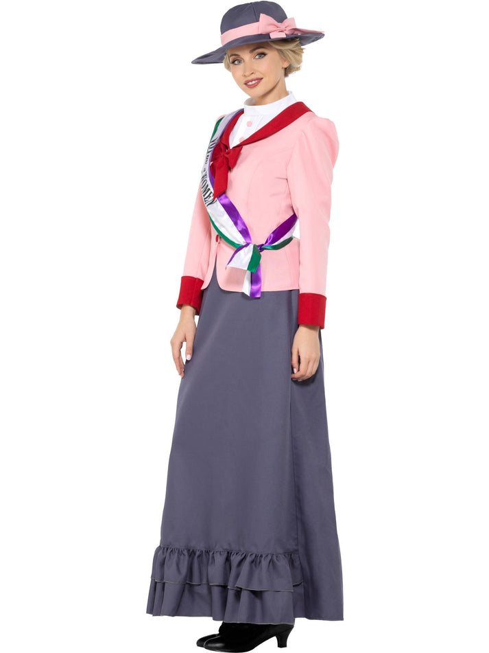 Deluxe Victorian Suffragette Costume Adult Grey Dress with Pink Jacket Sash and Hat