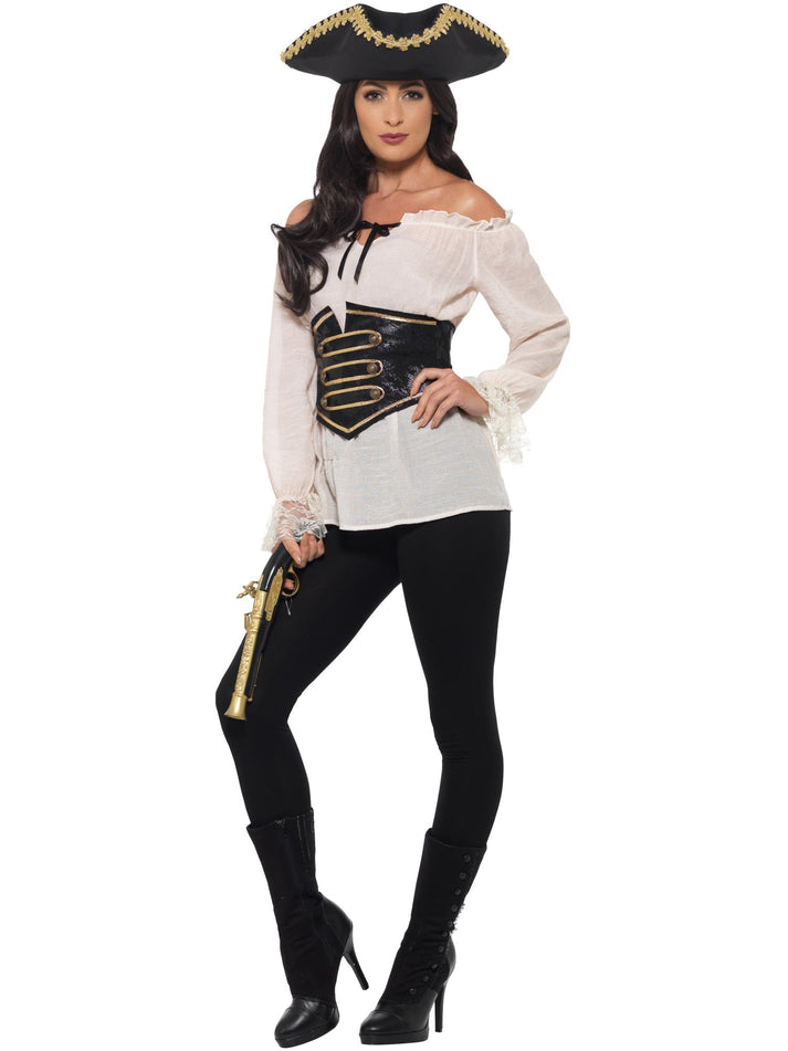 Deluxe Pirate Shirt Ladies Adult Ivory with Lace Up Waist Cincher 2
