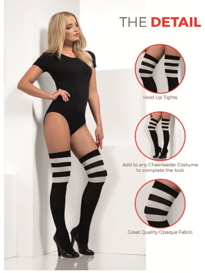 Cheerleader Opaque Hold Ups Adult Black with Horizontal White Stripes