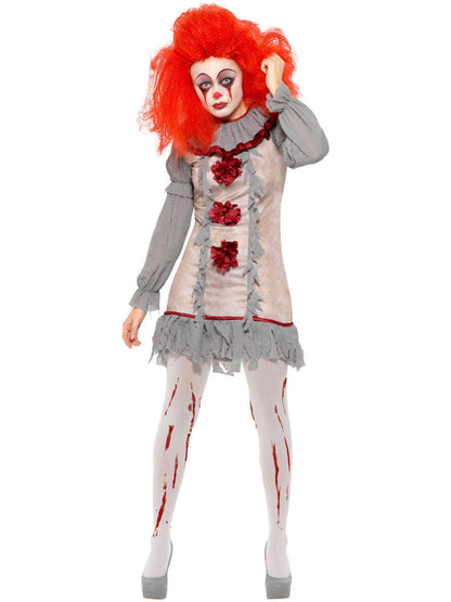 Vintage Clown Lady Costume Grey and Red Dress with Neck Ruffle 4