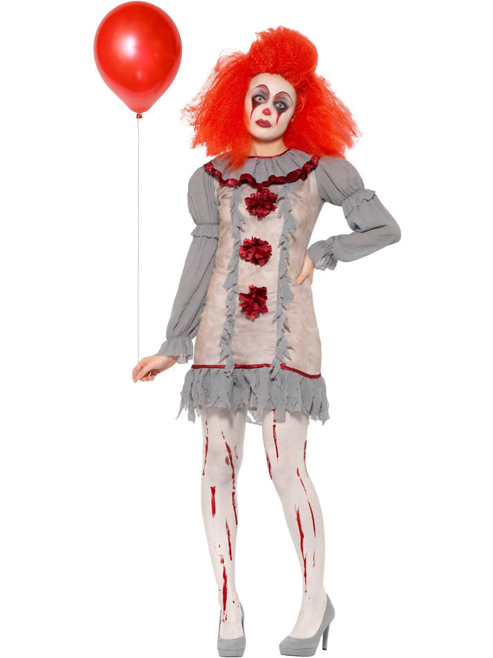 Vintage Clown Lady Costume Grey and Red Dress with Neck Ruffle 1