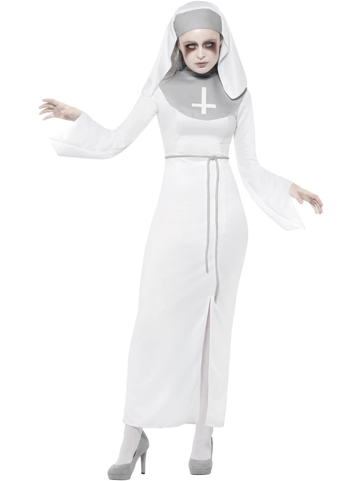 Haunted Asylum Nun Costume Adult White Dress Belt And Headpiece