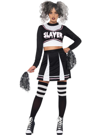 Gothic Cheerleader Costume Adult Black Crop Top Dress and Pom Poms 4