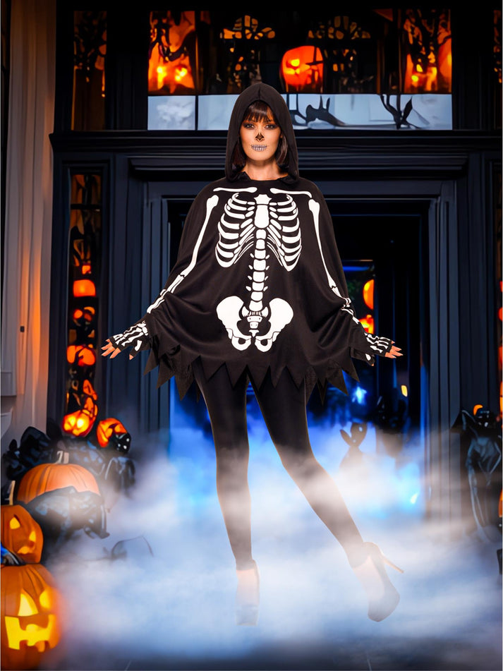 Skeleton Kit Unisex Adult Black Hooded Poncho and Fingerless Gloves 5