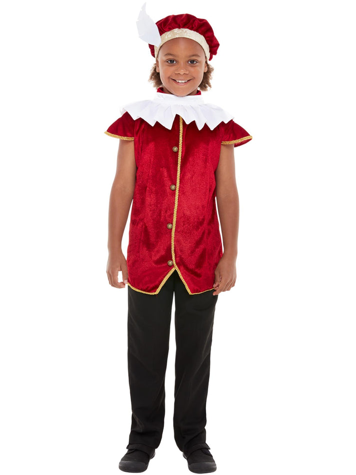 Childs Tudor Kit Red Waistcoat Hat And White Neck Ruffle