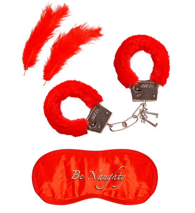 Lovers' Fun Set  Plush Handcuffs, Blindfold, 2 Feathers 