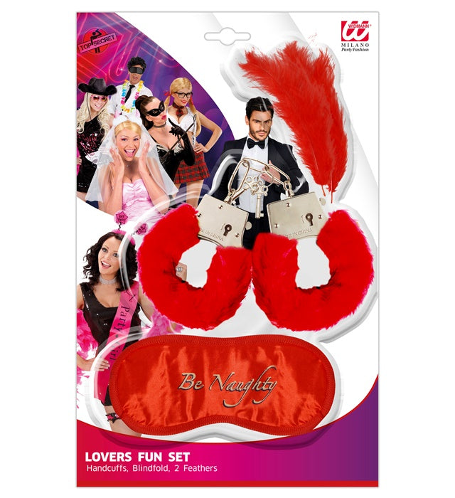 Lovers' Fun Set  Plush Handcuffs, Blindfold, 2 Feathers 