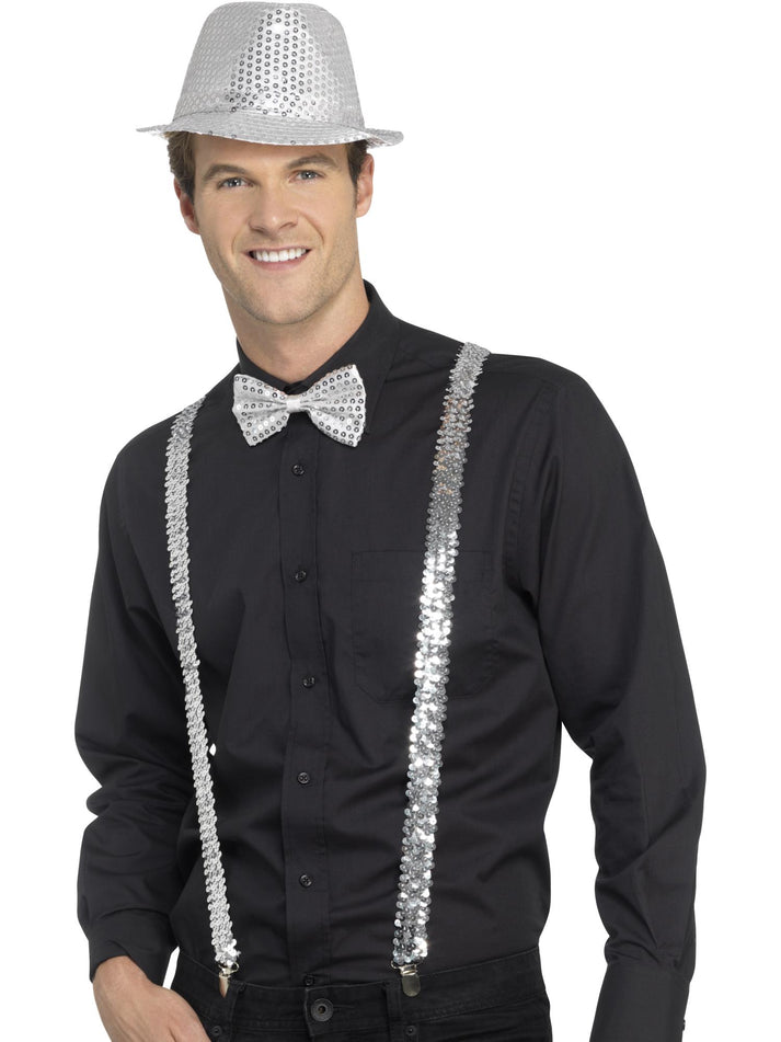 Sequin Braces Adult Silver With Attached Metal Clips