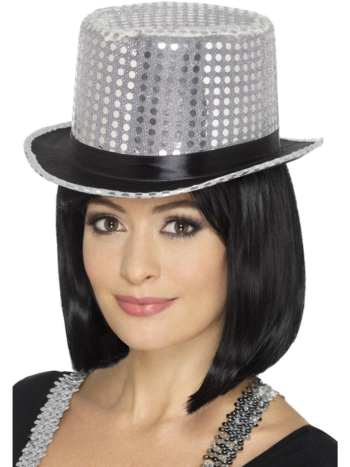Sequin Top Hat Silver with Elastic Inner Rim Adult Costume Accessory