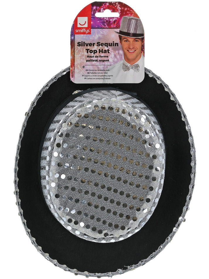 Sequin Top Hat Silver with Elastic Inner Rim Adult Costume Accessory