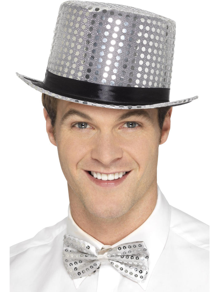 Sequin Top Hat Silver with Elastic Inner Rim Adult Costume Accessory