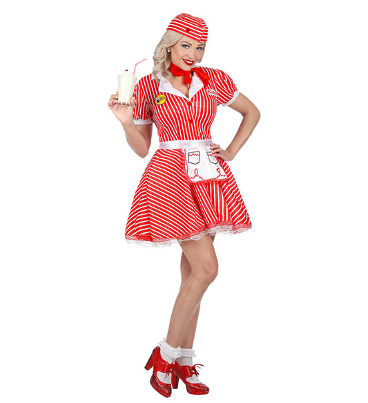 50S Waitress  Dress With Petticoat, Apron, Pin, Neckscarf, Headpiece 