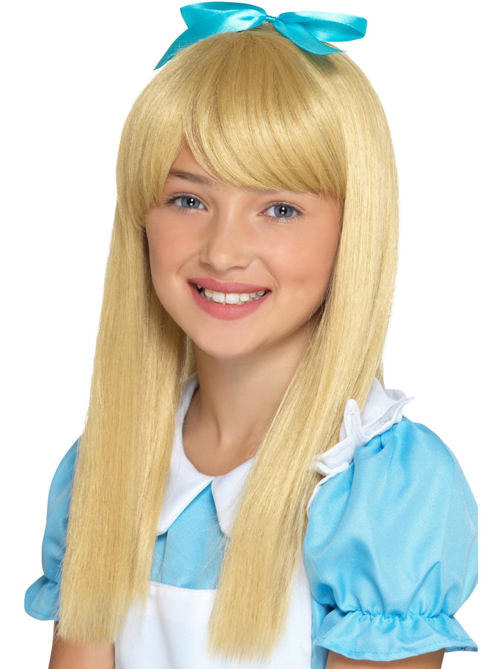 Alice In Wonderland Princess Wig Child Blonde With Blue Bow