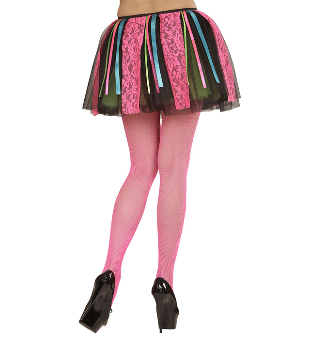 Neon Disco Tutu With Multicolor Satin Ribbons & Pink Lace