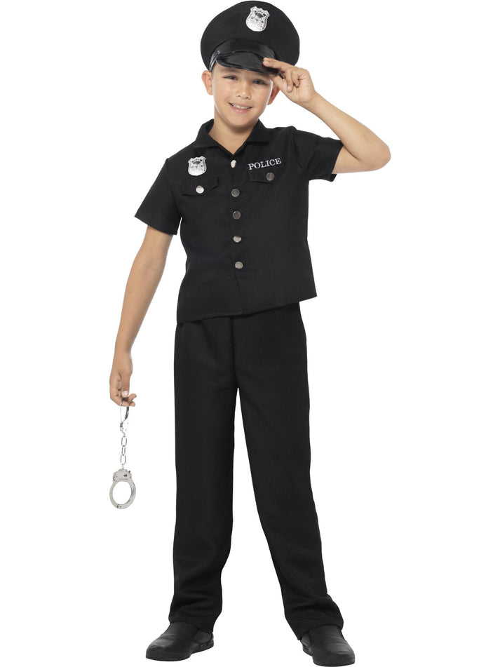 Kids New York Cop Costume Black Top Trousers and Hat 1