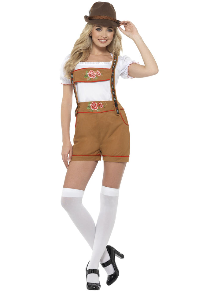 Sexy Bavarian Beer Girl Costume Brown Lederhosen with White Top 1
