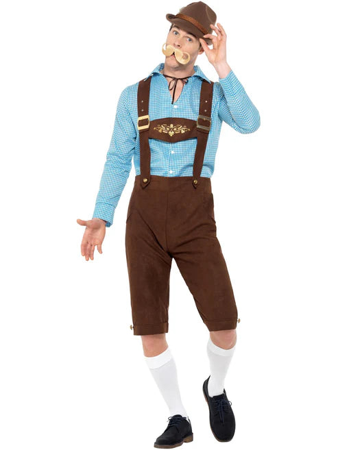 Beer Fest Costume Blue Shirt and Brown Mock Suede Lederhosen