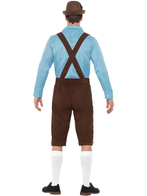 Beer Fest Costume Blue Shirt and Brown Mock Suede Lederhosen