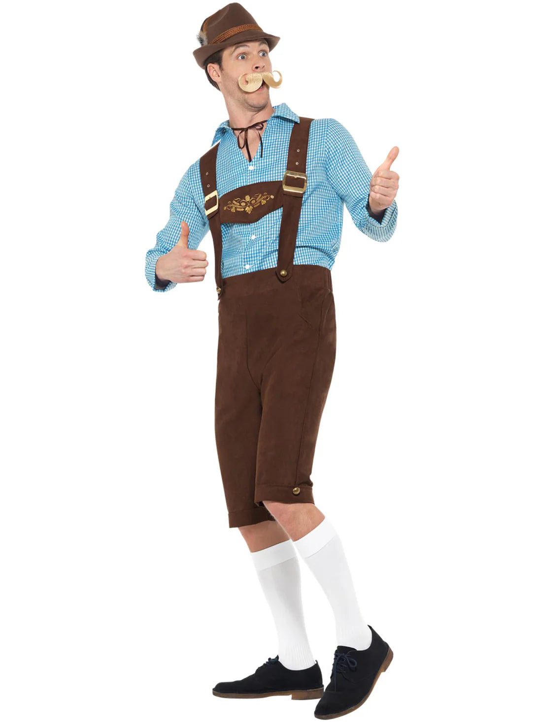Beer Fest Costume Blue Shirt and Brown Mock Suede Lederhosen 2
